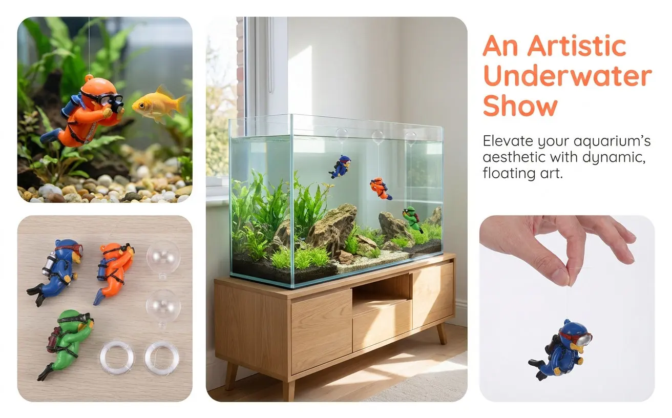 3Pcs Floating Scuba Diver Aquarium Decorations Fish Tank Ornaments for Aquatic Pets Resin Safe Easy Clean Dynamic Underwater