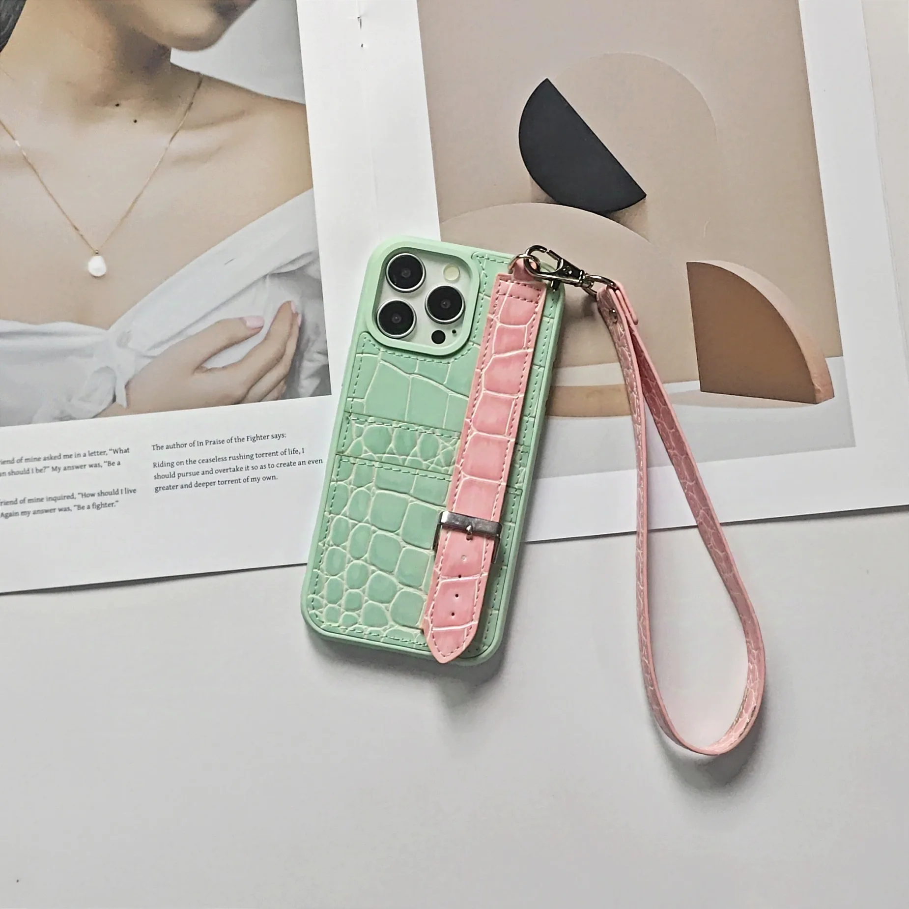 

New Model Suitable for For iphoin 16 Crocodile Pattern Card Insertion Phone Case 15promax Wrist Strap 14 Edging Protective Cover