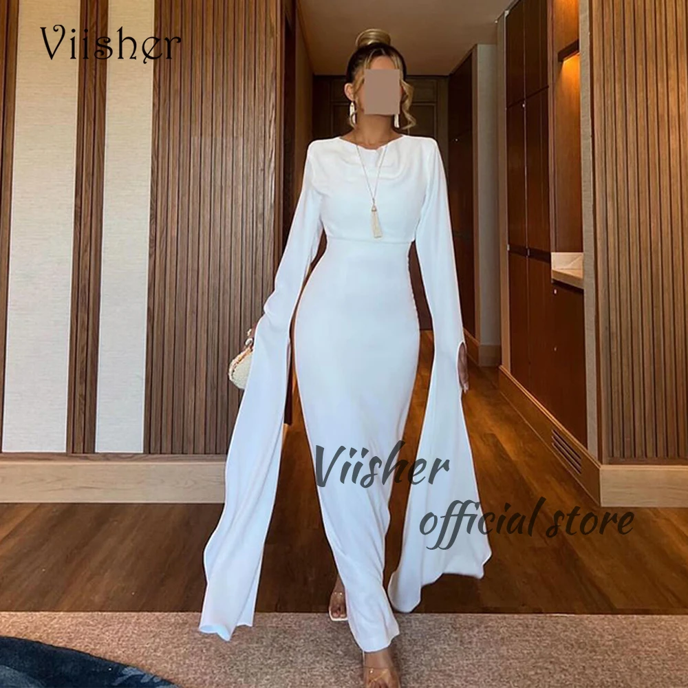 

Viisher White Mermaid Evening Dresses for Women V Neck Long Sleeve Prom Dress with Slit Arabian Dubai Formal Occasion Gowns