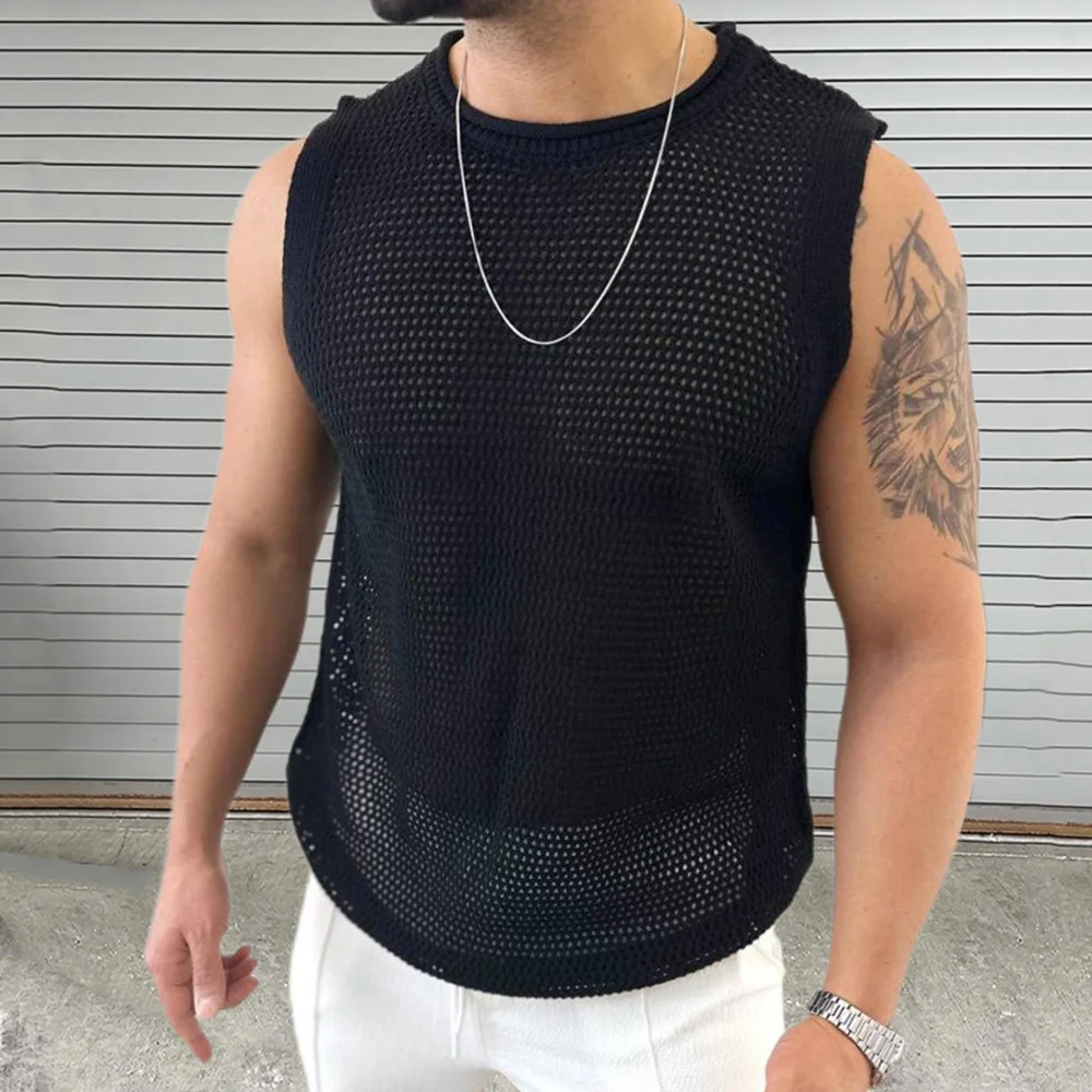 Mens Hollow Knitted Sports Fitness Vest Casual Breathable Personality Fashion All-Match Solid Color Sleeveless Tank Top Summer