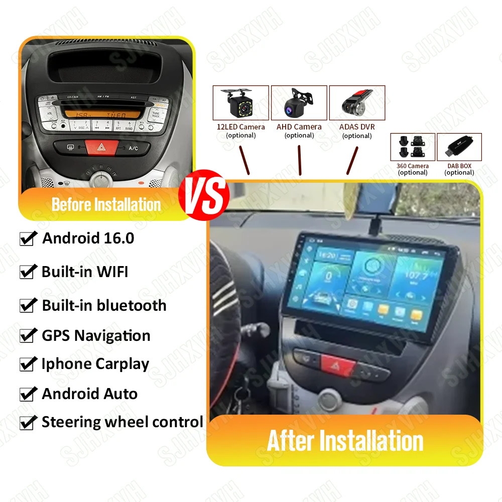 

Android 16 2 Din Car Multimedia Player For Peugeot 107 Toyota Aygo Citroen C1 2005-2014 Head Unit Stereo GPS Navigation BT WIFI