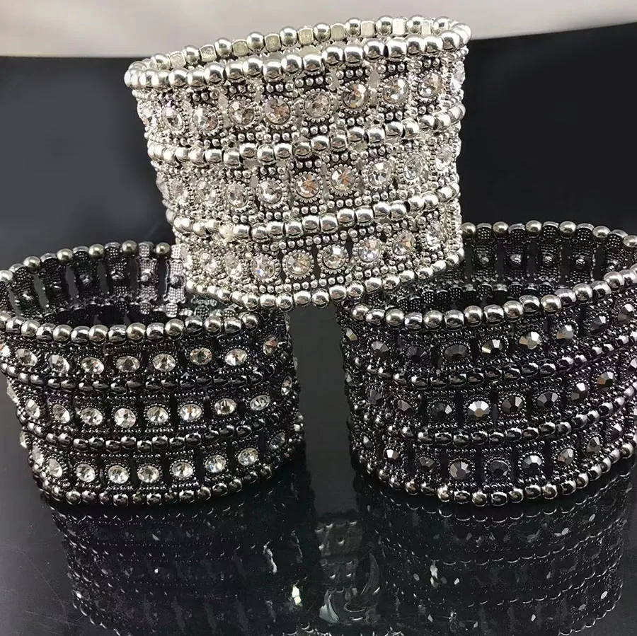 Classic Fashion  Luxury  Bracelets for Women Wide Retro Punk  Crystal Retractable Woven Beaded Bracelet