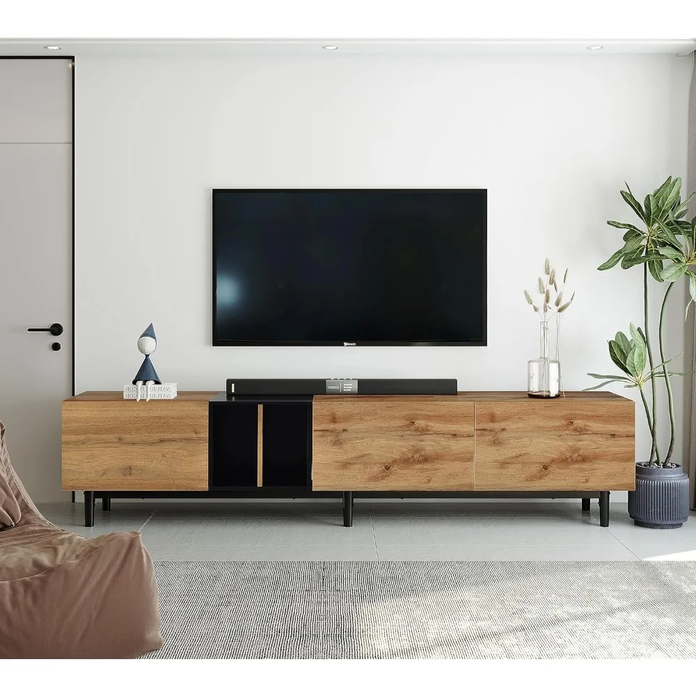 Modern TV Stand with 3 Cabinets & Open Shelves, Minimalist Wooden Entertainment Center for TVs Up to 80”, Sturdy TV Console