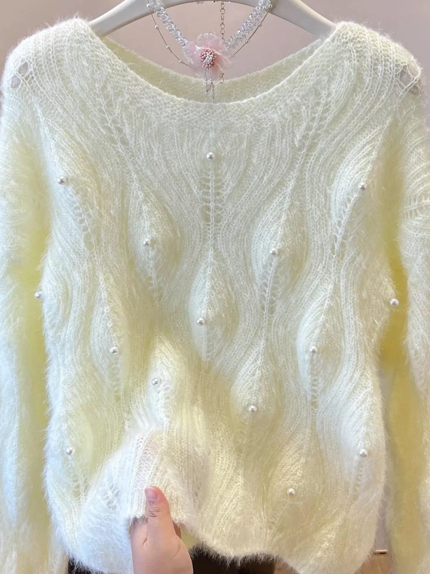 Blue Knitted Soft Sweater Women's Loose Fit Autumn Winter New Design Hollow out Pearl Detail Warm Comfortable Long Sleeve Top