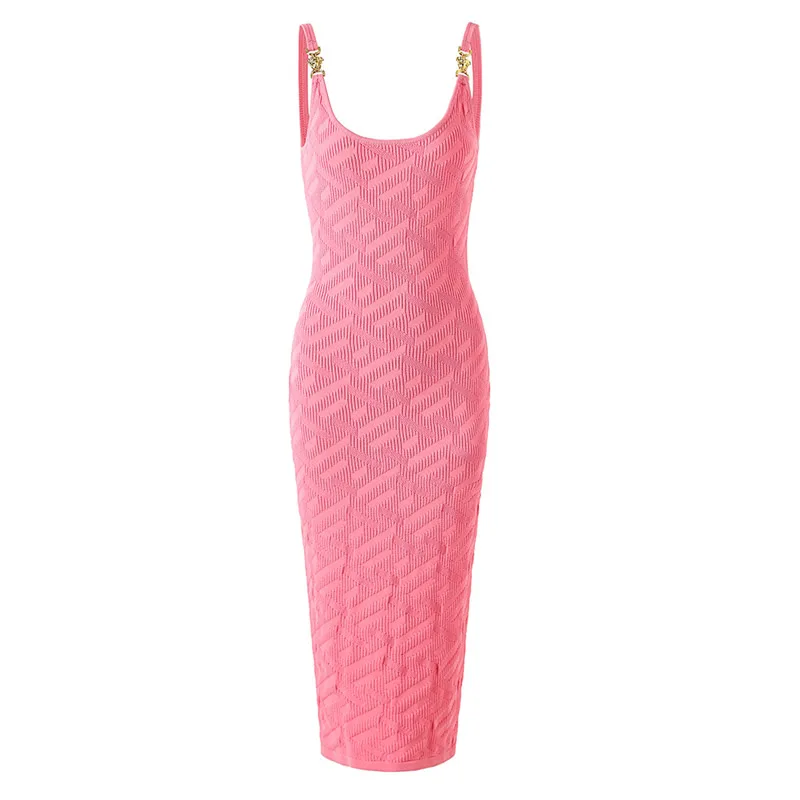 

Fashion Pink Knitted Cotton Dress Women Spaghetti Strap Dress