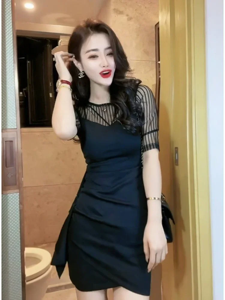 Transparent Sexy Black Mesh Midi Dress Vintage Tulle Aesthetic Clothing Casual Fashion Summer Dresses Women 2024 Puff Sleeve New