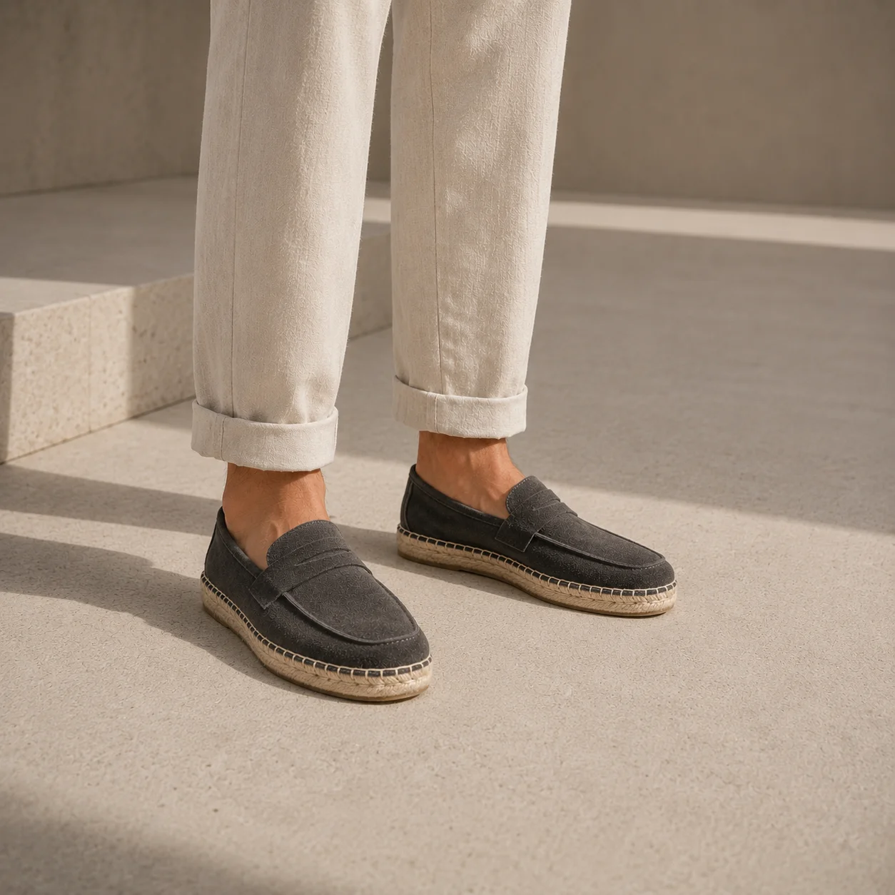 Herren Echtleder Penny Loafers Espadrilles Slipper Freizeitschuhe Handgefertigte Jute-Sohle Sommer-Wanderschuhe