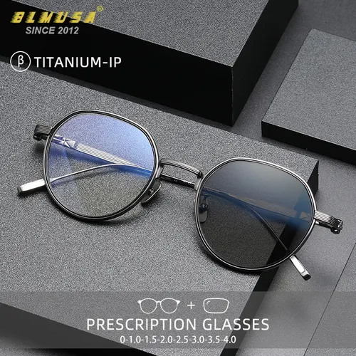 Imagen 1 del producto BLMUSA, gafas fotocromáticas personalizadas de titanio para miopía, gafas de lectura redondas antiluz azul para hombre, gafas graduadas ultraligeras