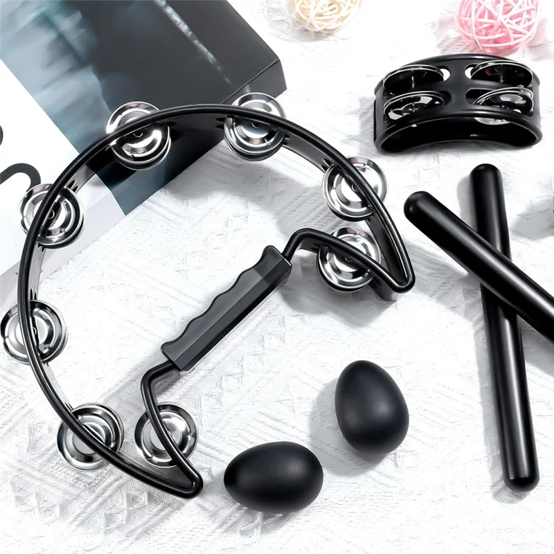 

ABVL-6 Pcs Tambourines, Hand Held Half Moon Tambourine With Rhythm Sticks Egg Shakers Musical Percussion Instrument Set