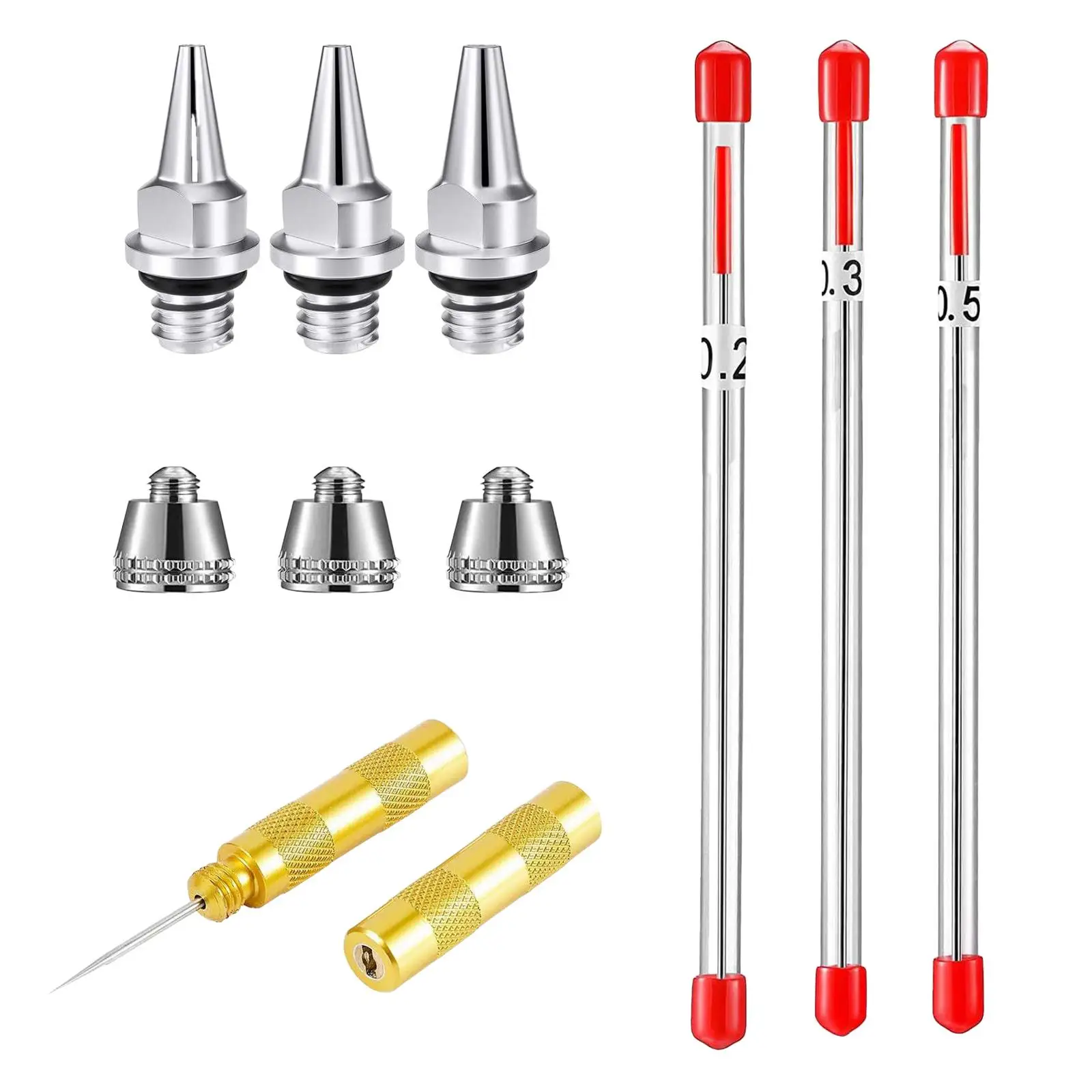 Replacement Airbrush Needle and Nozzle Set 0.2 0.3 0.5mm with Cleaning Tool and Storage Containers for Spray Maintenance Kit