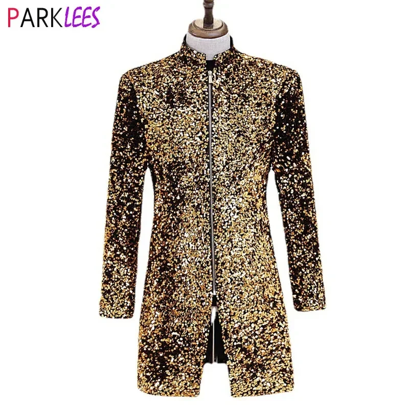 Mens Luxury Gold Shiny Long Blazer Jacket 2024 Brand Stand Collar Zipper Suit Jacket Men Party Show Stage Prom Singer Costumes