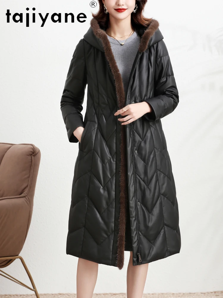 TAJIYANE-abrigo de piel de oveja auténtica para mujer, chaqueta ajustada de cuero genuino con capucha, abrigos con cuello de piel de visón, ropa de invierno para mujer 2025