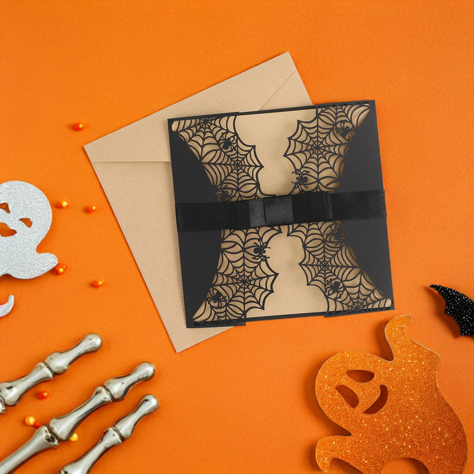 

10Pcs Halloween Invitation Cards Creative Hollow Cut Spiderweb Black Bowknot Design Elegant Horror Party Invitations