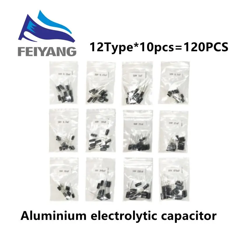 120pcs 1set of 120pcs 12 values 0.22UF-470UF Aluminum electrolytic capacitor assortment kit set pack