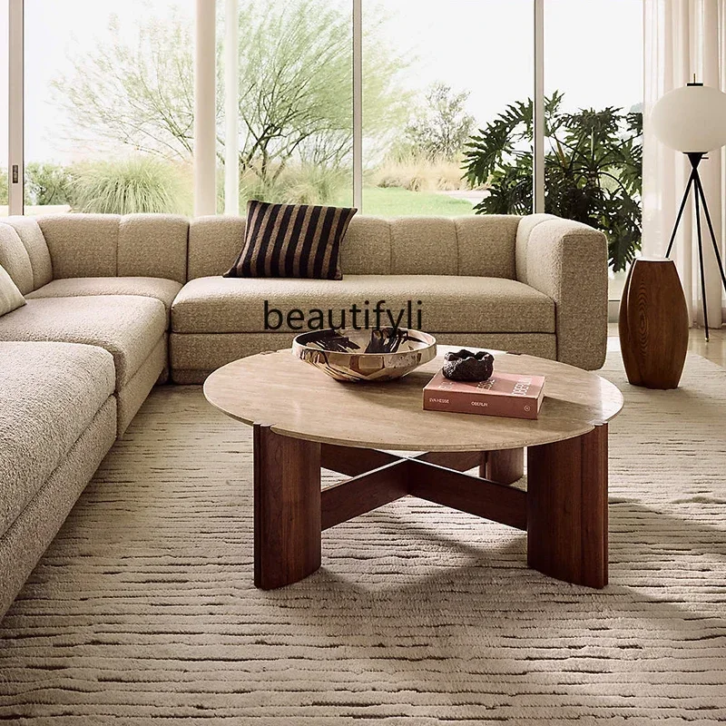 

Cy56 Imported travertine solid wood coffee table small apartment living room sitting area round coffee table French wabi-sabi