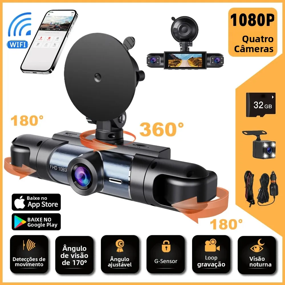 Câmera Veicular HD 1080P com 4 Lentes 360 °   Câmera de Carro com Wifi, Registrador de Vídeo, Visão Noturna, Dash Cams para Carro 170 °   Câmera DVR para Carro