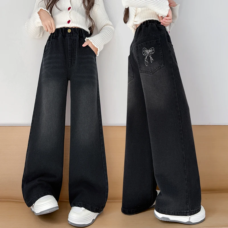 Spring Fall Kids Loose Straight Black Jeans with Bows Pocket for Teenage Girls Fashion Harajuku y2k  Denim Pants Child Trousers