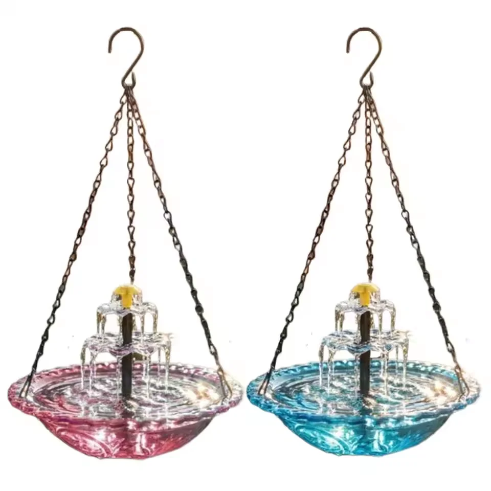 Fuente de Agua para Pájaros en Cascada con Bomba Solar y Recipiente de Vidrio, Comedero para Pájaros Colgante para Exteriores, Comederos para Colibríes para Decoración de Jardín