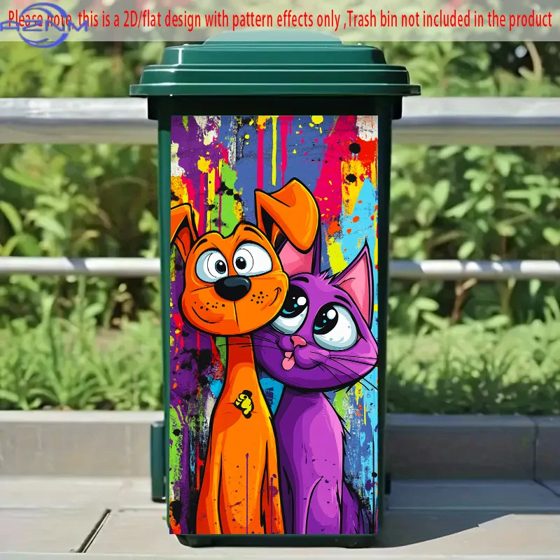 1pc 2D/FLAT Funny Dog and Cat Dustbin Sticker, 14.57x32.28inch, Quirky Orange Dog and Purple Cat Duo, Self-Adhesive Dustbin St