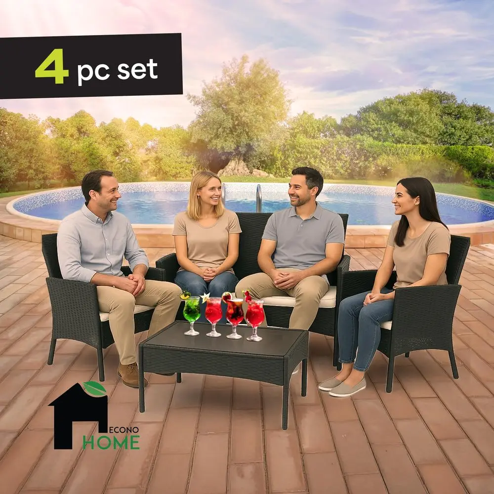 

4Piece Outdoor Patio Furniture Set Patio Set with 2 Rattan Chairs, 1 Loveseat amp 1 Glass Top Coffee Table WeatherProof Wicker