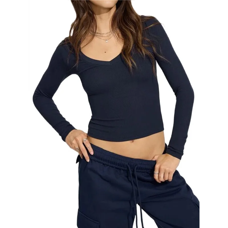 

AG-Long Sleeve Shirts For Women 2025 Fall Fashion V Neck Basics Crop Tops Slim Fitted Y2K Tops Outfits