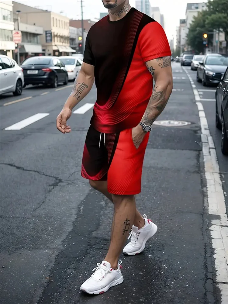Camiseta gradiente de textura masculina e shorts, roupa esportiva casual de rua, moda impressão 3D, modelos novos, verão, 2 peças