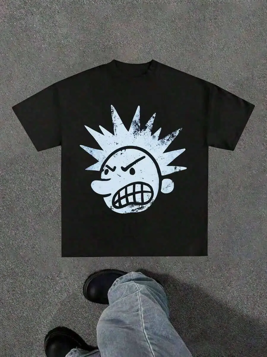 Plus Size Men Tee, Angry Cartoon Face Print Funny Graphic T - Shirt, Round Neck Fashion Street Life Gothic 100% Cotton Trendy