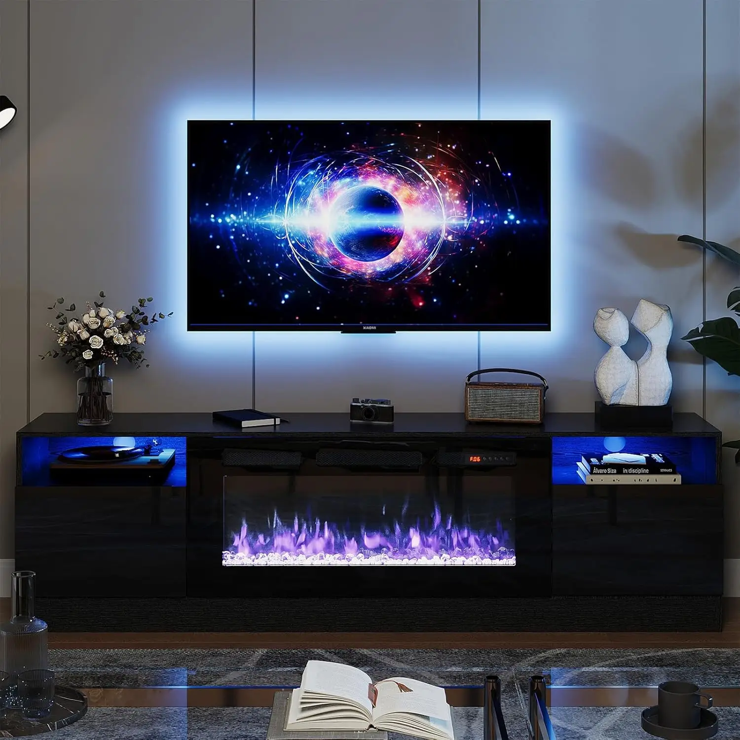 Oneinmil Kamin TV-Ständer mit 36 "Elektro kamin, Licht Entertain ment Center, moderne Holz Textur Entertain ment Stand