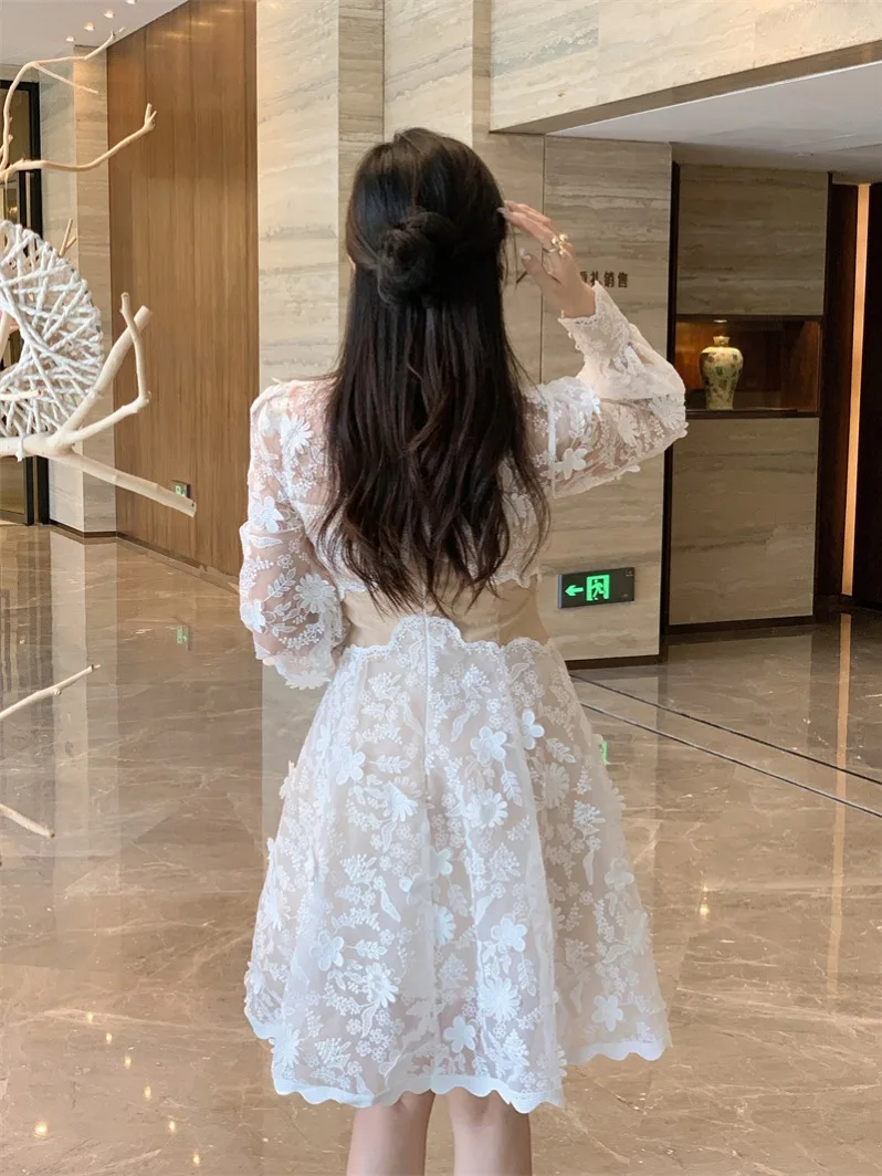 High Quality Summer Autumn Holiday Long Sleeve White Lace Prom Evening Dress Women 3D Flower Short Party Vestidos