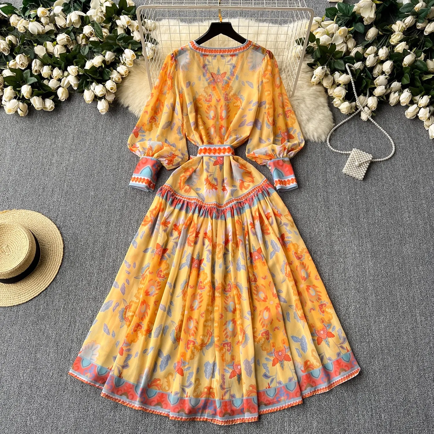 2024 Elegant Vintage Women V Neck Flower Print Chiffon Maxi Dress Boho Summer Single Breasted Lantern Sleeve Belt Holiday Robe