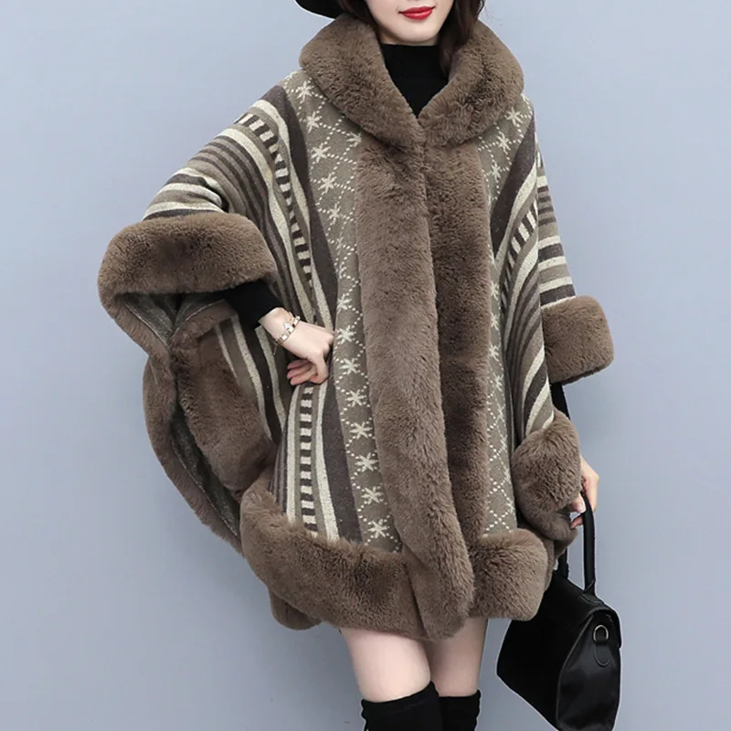 

Jacquard Women's Winter Coats 2022 New Poncho Loose Plus Size Faux Fur Coat Knitting Cape Temperament Cardigan Shawl Woolen