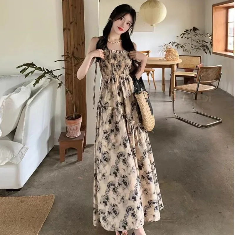 Floral Print Dresses Summer New Mori Girl Style Fairy High Waist Slim Camis Elegant Holiday Fashion Korean Tender Patchwork Chic