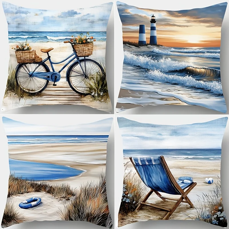 Aesthetic Printed Beach Coastal Ocean Theme Throw Pillow Covers 4PCS Nautical Seaside Summer Decor Polyester Cushion Set