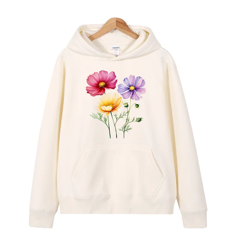 Simple wildflower design autumn and winter loose long sleeved hooded women's casual wool men's and women's pullovers