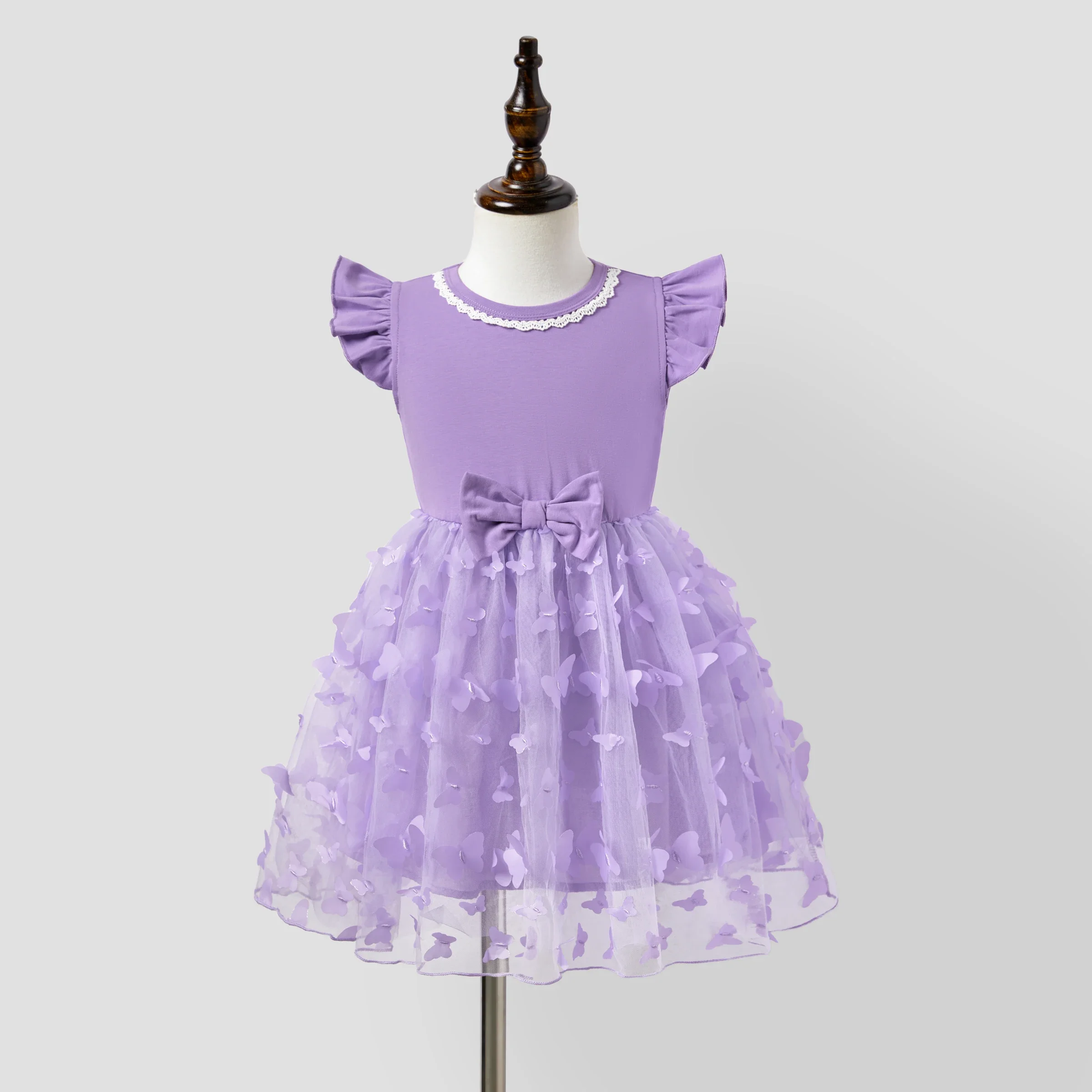 PatPat Family Matching Purple Colorblock T-shirt and Button Ruffle Sleeves Spliced Mesh Dress Sets Suitable for Summer Season