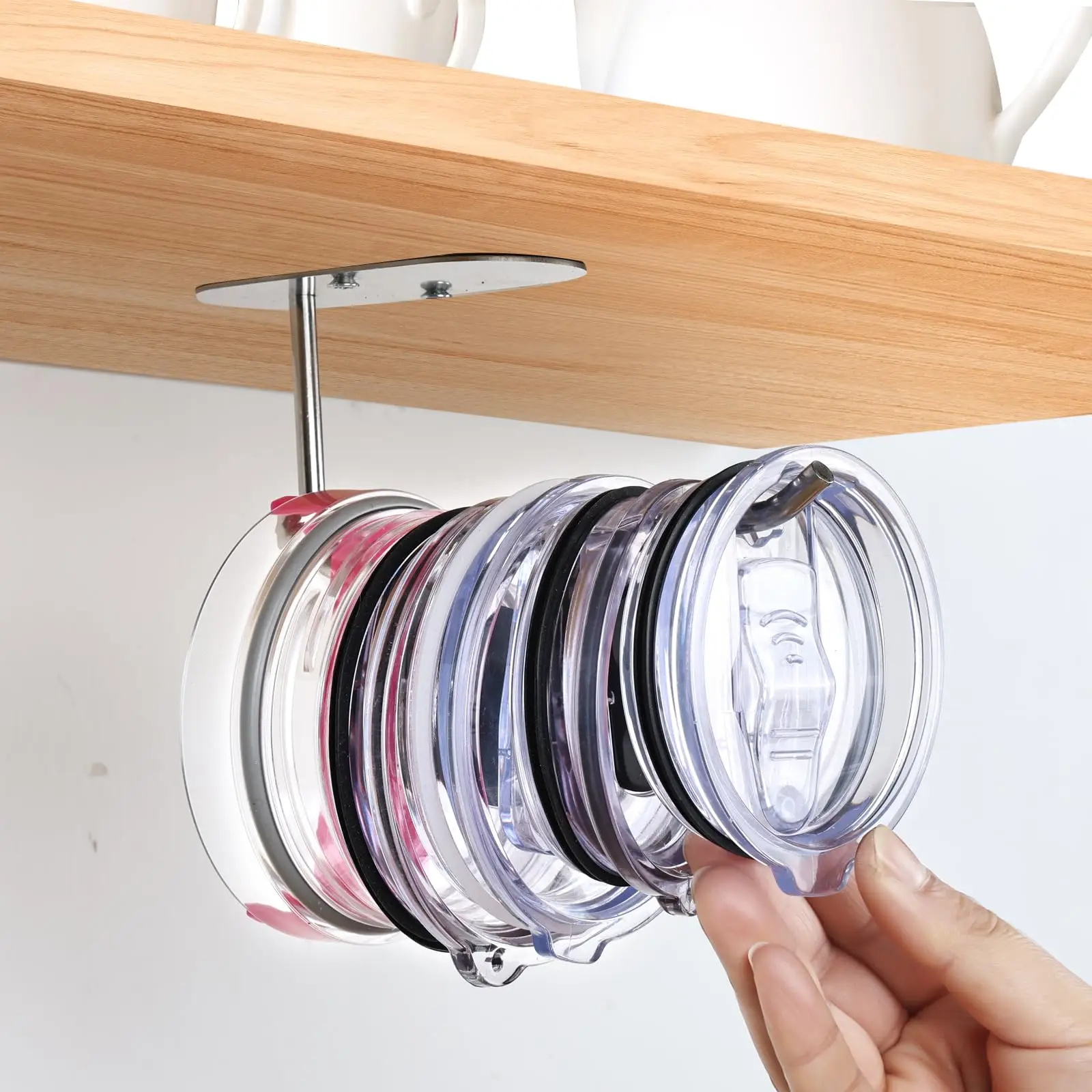 Tumbler Lid Organizer Hook Under Cabinet Cup Lid Organizer Inside Cabinet Self-Adhesive Under-Cabinet Mount Steel Lid Holder Cup