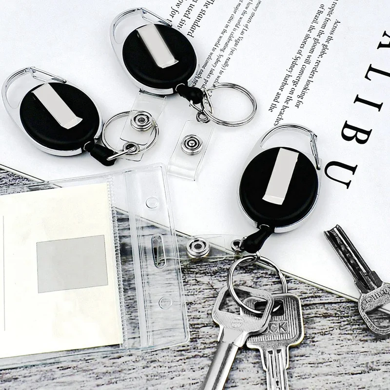 Carrete de insignia retráctil de alta resistencia, soporte para tarjeta de identificación con Clip y llavero, mosquetón, llavero con Clip para cinturón, negro, paquete de 10