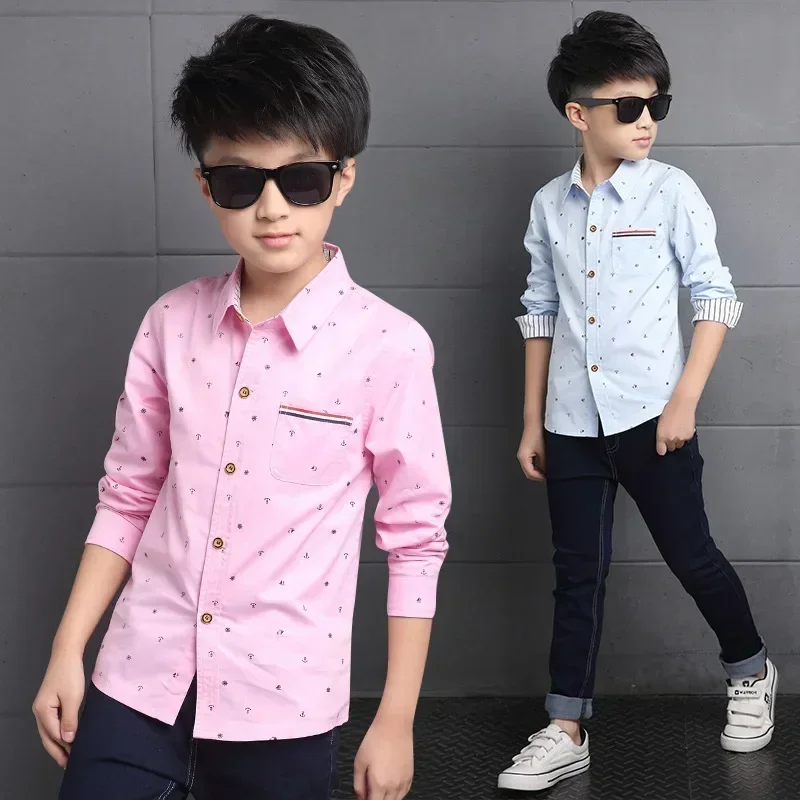 New 2025 Spring Autumn Long Sleeve Boys Blouses Breathable 100% Cotton Kids Children Shirts 5-15 Years Kids Shirts Boys Shirts