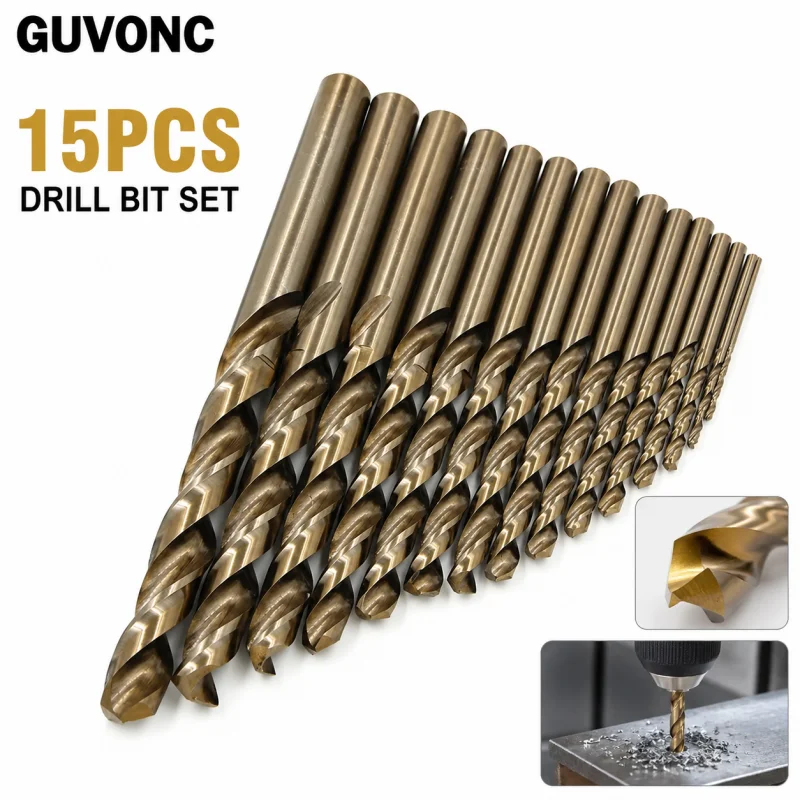 15Pcs HSS Titanium Coated Twist Drill Bits Set 1.5‑10mm High Hardness Drill Bit for Metalworking Woodworking