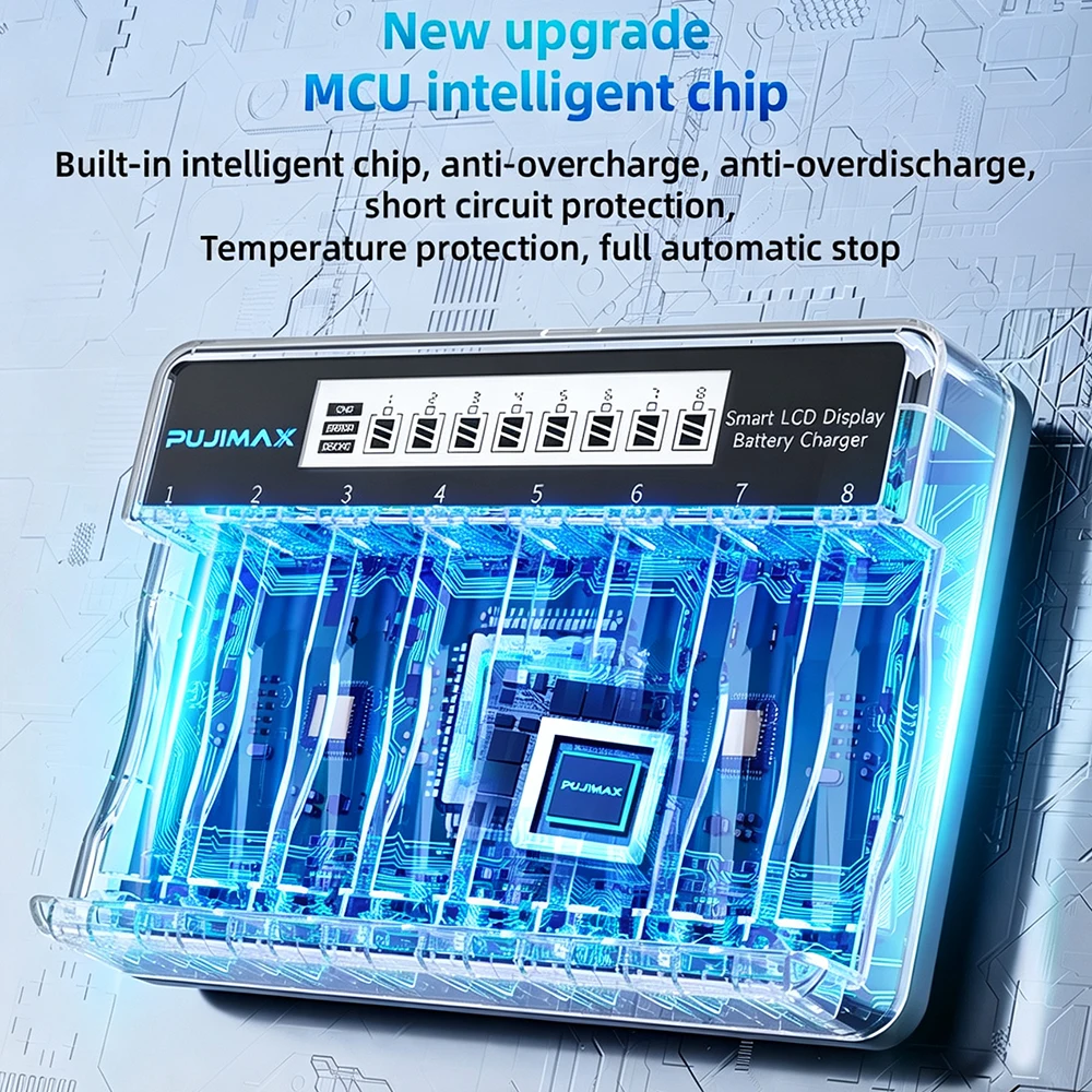 PUJIMAX 4/8slot Battery Charger + AA 4255mWh AAA 1100mWh Battery Smart LCD Display Fast Charging for 1.5V AA/AAA Li-ion Battery