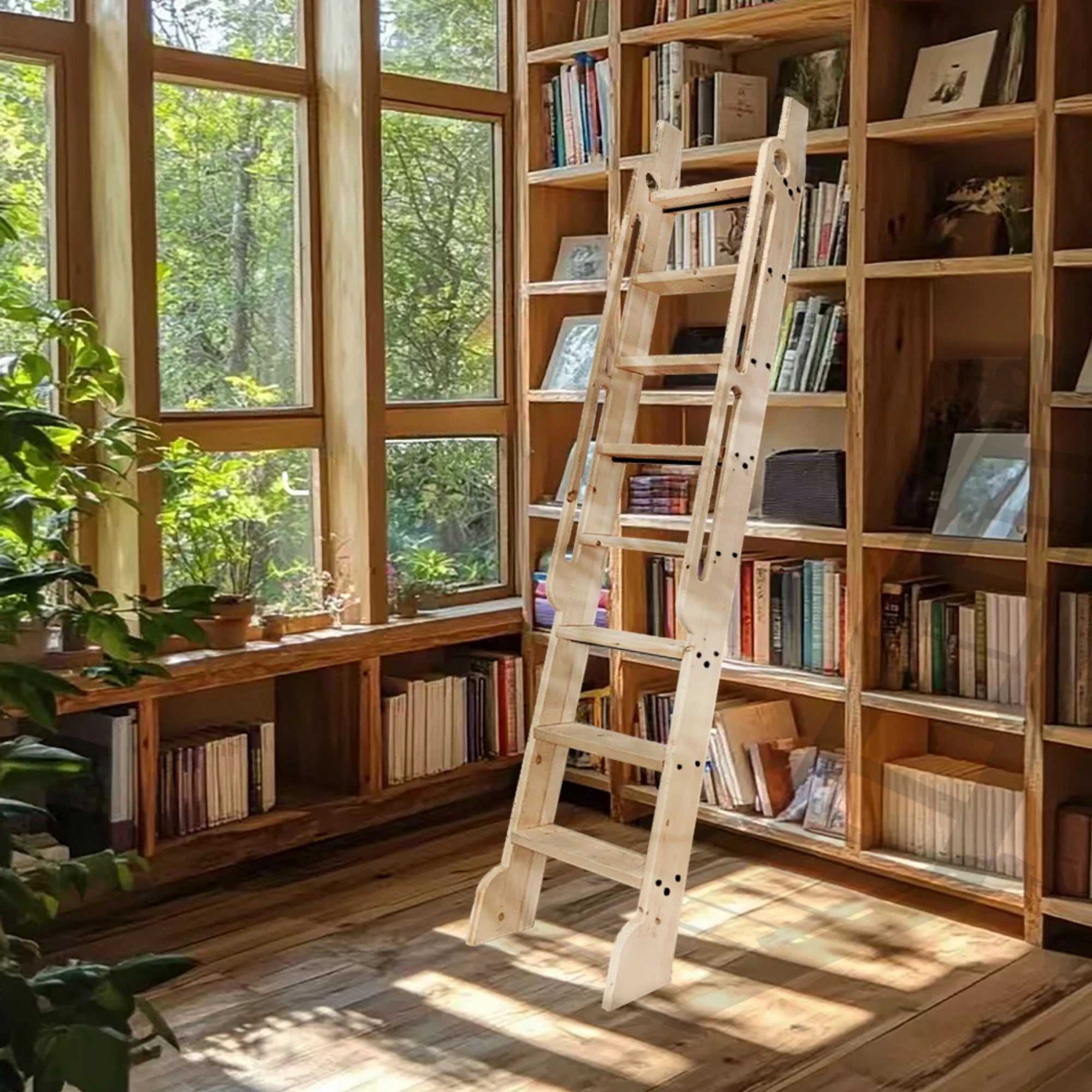 Natural Durable Solid Wood Library Step Ladder With Built-in Handrails