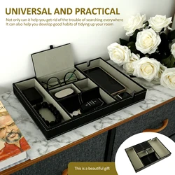 PU Desktop Organizer with 5/6 Compartments Men's Valet Tray Nightstand Jewelry Storage Box for Phone Keys Wallet Watch Glasses