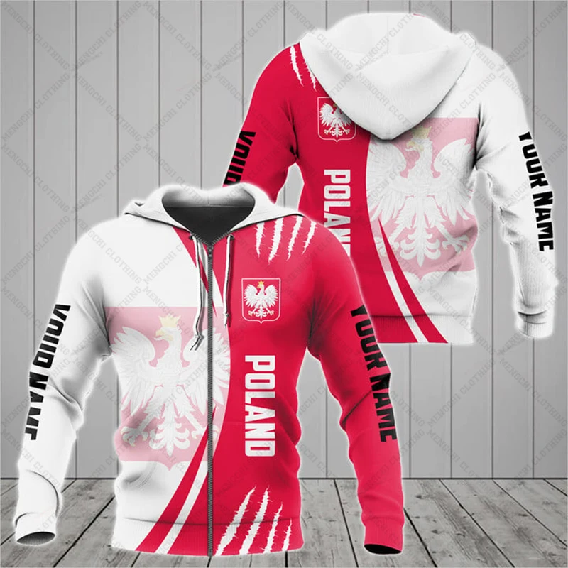 Sudaderas con capucha con cremallera impresa en 3D roja con emblema de Polonia, nombre personalizado, sudaderas holgadas Unisex, sudaderas de gran tamaño, ropa de calle informal de invierno, Tops, Jersey