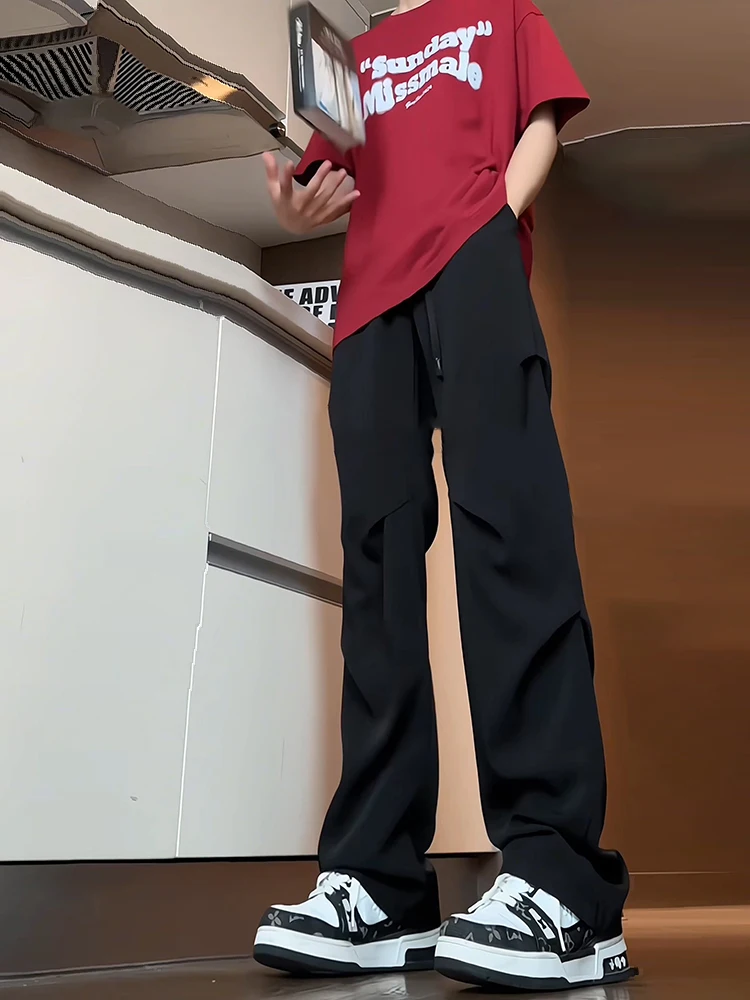 

Bla Ice Silk Men's Summer High Waist Pants Drapey High Rise Straight Leg Casual Trousers American Sle Workwear Cargo Pants