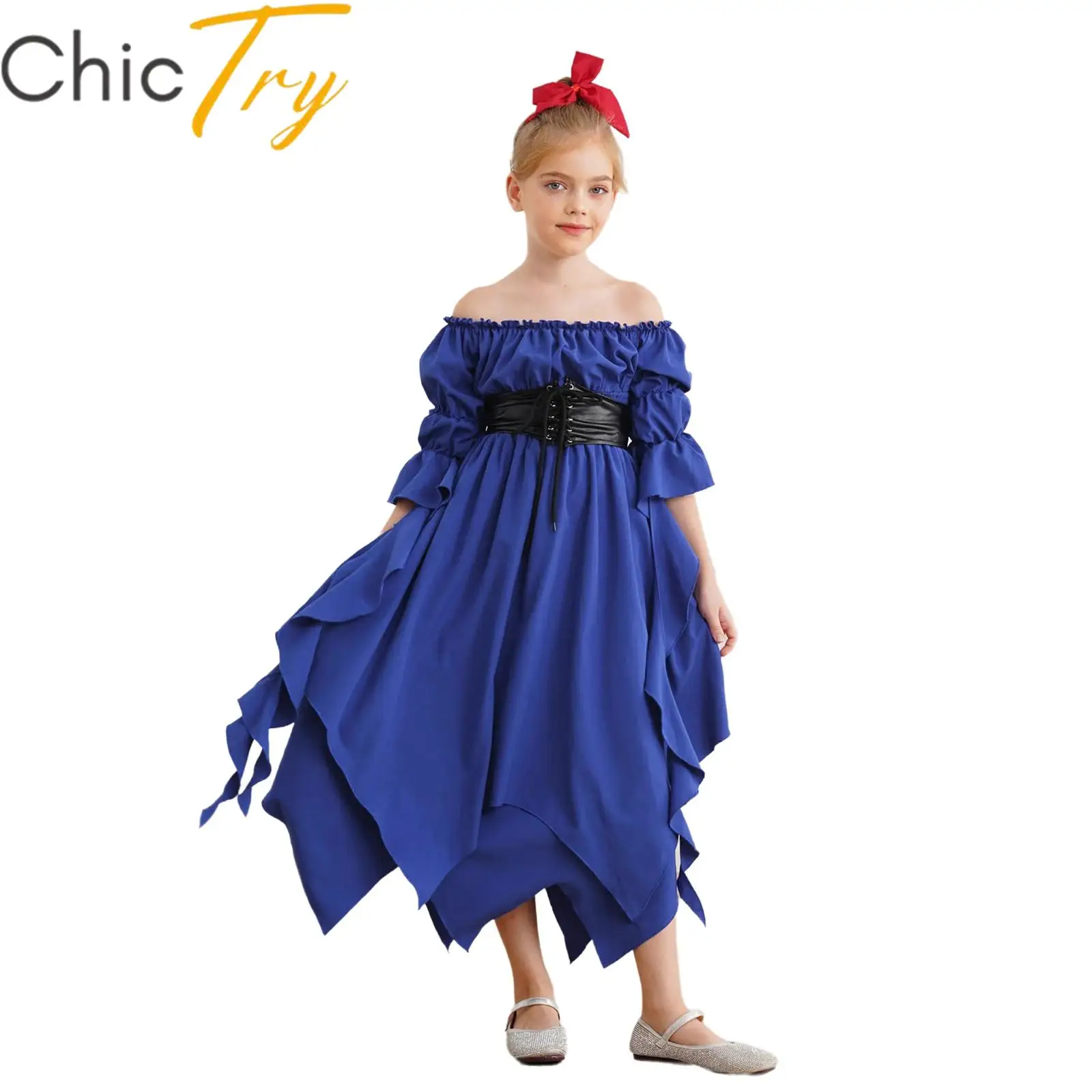 

Kids Girls Medieval Cosplay Costume Halloween Sets Victorian Renaissance Gothic Off Shoulder Irregular Dress with Lace-up Corset
