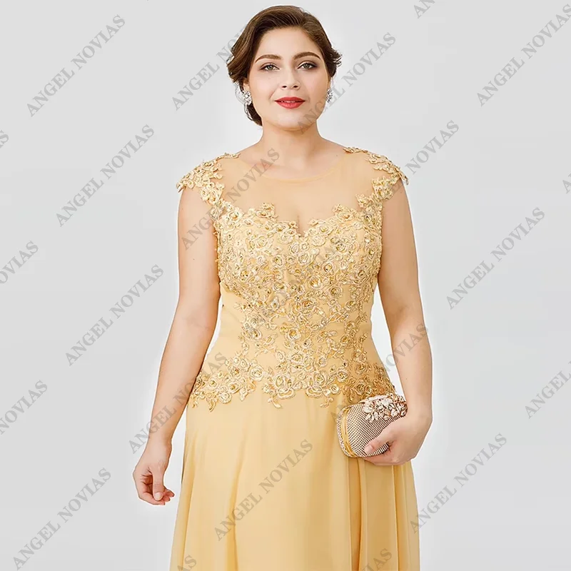 A-Line Mother of the Bride Dress Wedding Guest Elegant Plus Size Illusion Neck Sweep Chiffon Beaded Lace Formal Dresses 2024