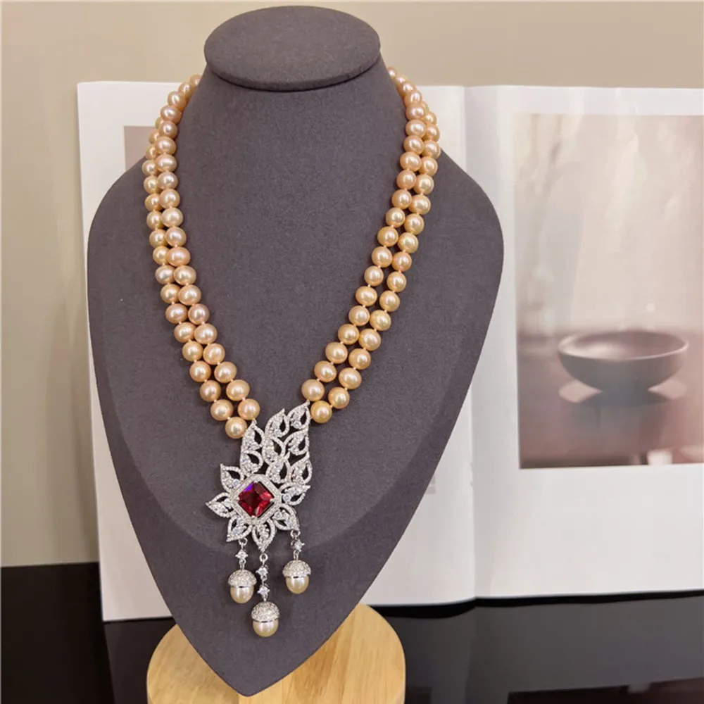 

Hot sell fancy 8-9mm nearly circular pink natural freshwater pearl multilayer sweater chain necklace fashion jewelry 18-19inch