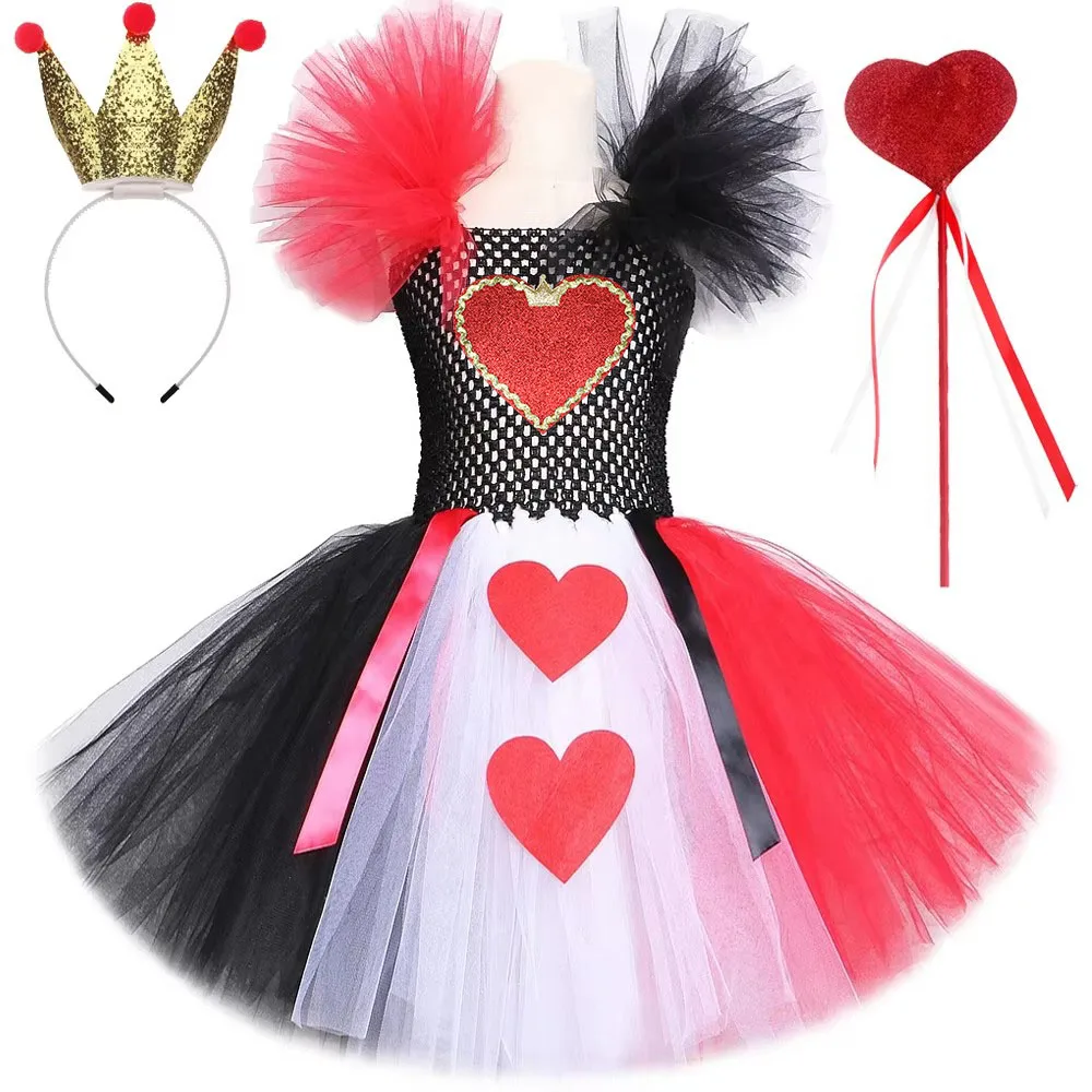Red Queen of Hearts Costumes for Girls Christmas Halloween Disguise Dresses for Kids Carnival Outfit with Golden Crown Love Wand