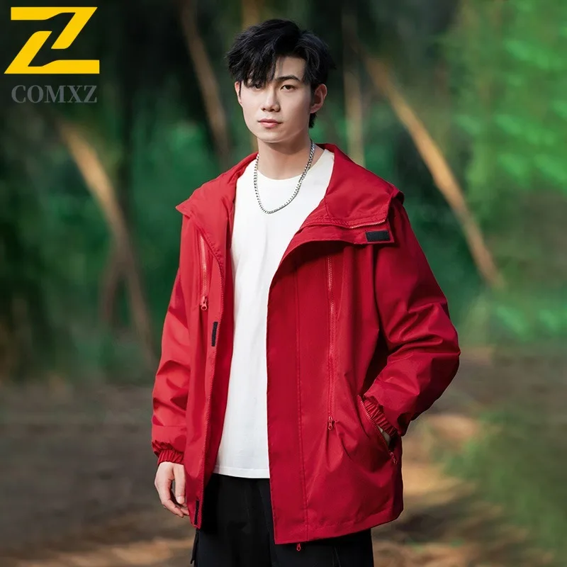 

Men's American Style Outdoor Jacket Solid Color Windproof Water-Resistant Breathable Hiking Coat Loose Fit Casual Trekking Wear