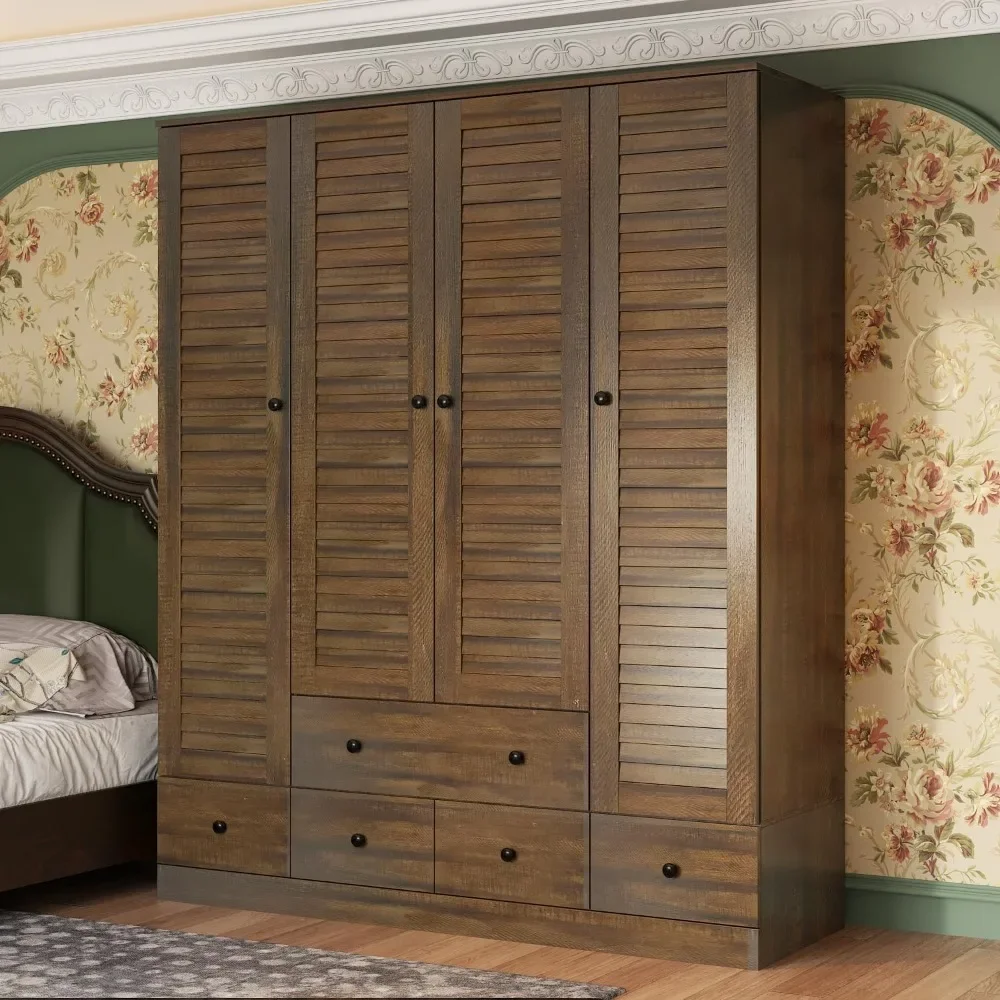 Wardrobe Armoire Closet with 4 Louvered Doors & 5 Drawers, Bedroom Armoire with Hanging Rods & Shelves